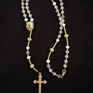 Gold and Green Rosary Necklace with Cross Pendant